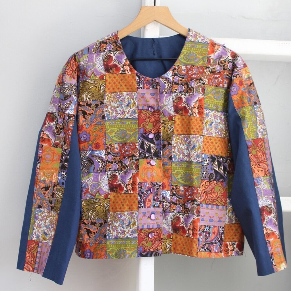 Handmade DIY Women's Navy Multicolor Patchwork Boxy Quilted Jacket Size Large